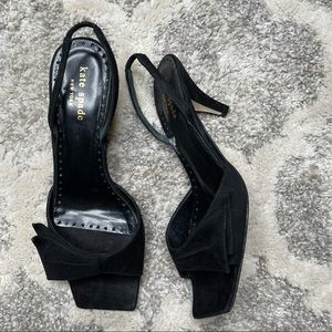 Kate Spade Black Kitten Heel Square Toe Sling Back Leather Sandal Shoes Bow 7.5